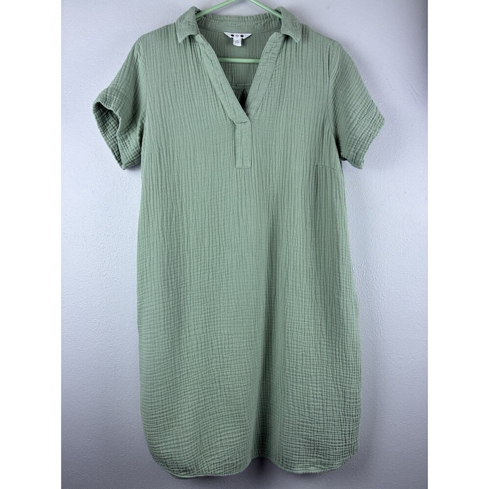 Sage Green Sz M Three Dot Gauze Shirt Dress Pockets Collared V Neck SS Dress